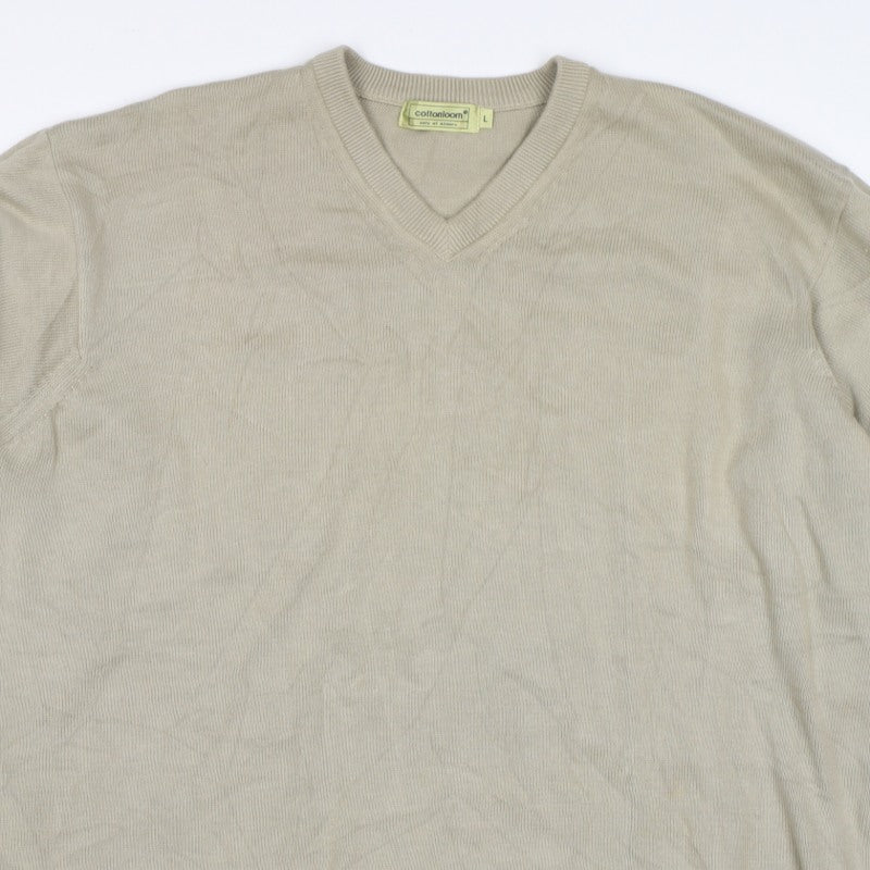 cottonloom Men’s Beige L V-Neck Cotton Knit Pullover Jumper