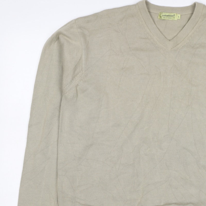 cottonloom Men’s Beige L V-Neck Cotton Knit Pullover Jumper