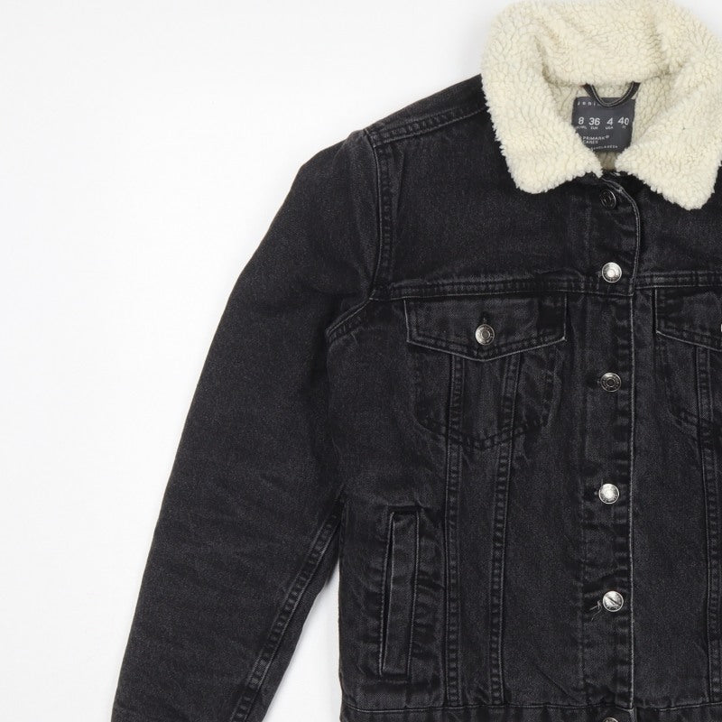 Primark Women Black UK 8 Denim Sherpa Collar Button Jacket