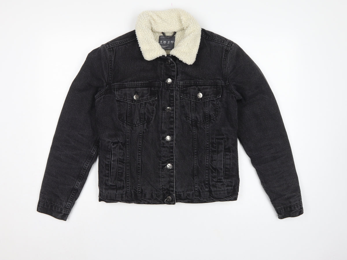 Primark Women Black UK 8 Denim Sherpa Collar Button Jacket