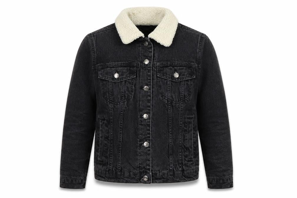 Primark Women Black UK 8 Denim Sherpa Collar Button Jacket