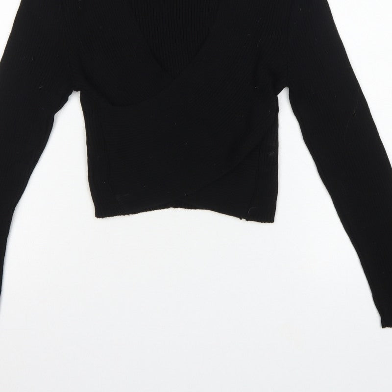 Pink Vanilla Women's Black S Rib Knit Wrap High Neck Jumper