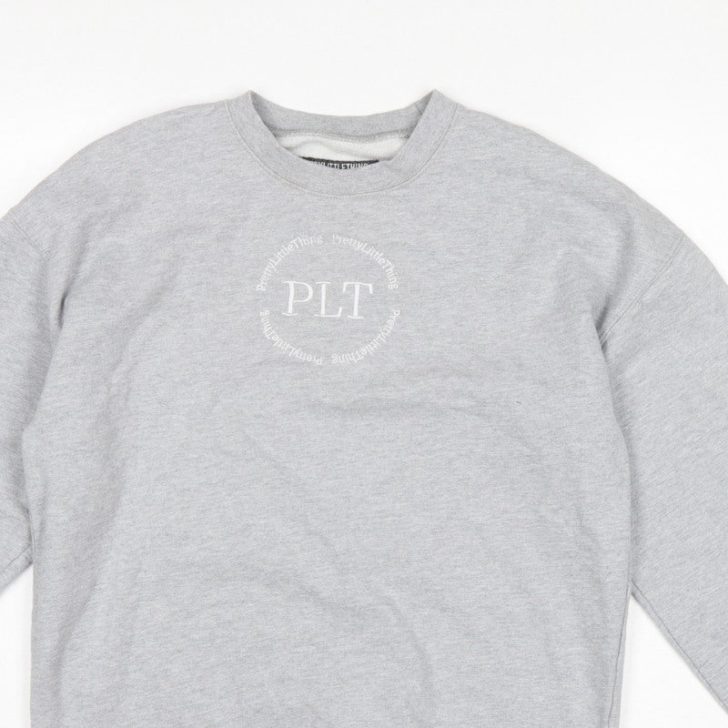 PrettyLittleThing Women Grey XS PLT Logo Crew Neck Pullover Sweatshirt