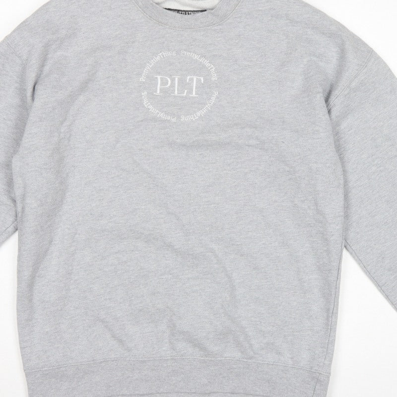 PrettyLittleThing Women Grey XS PLT Logo Crew Neck Pullover Sweatshirt