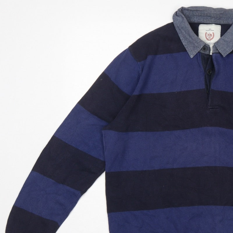 Atlantic Men’s Blue Striped L Collared Cotton Henley Jumper