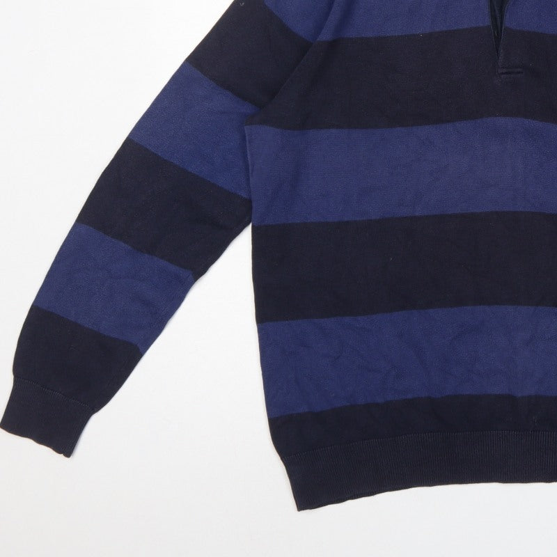 Atlantic Men’s Blue Striped L Collared Cotton Henley Jumper