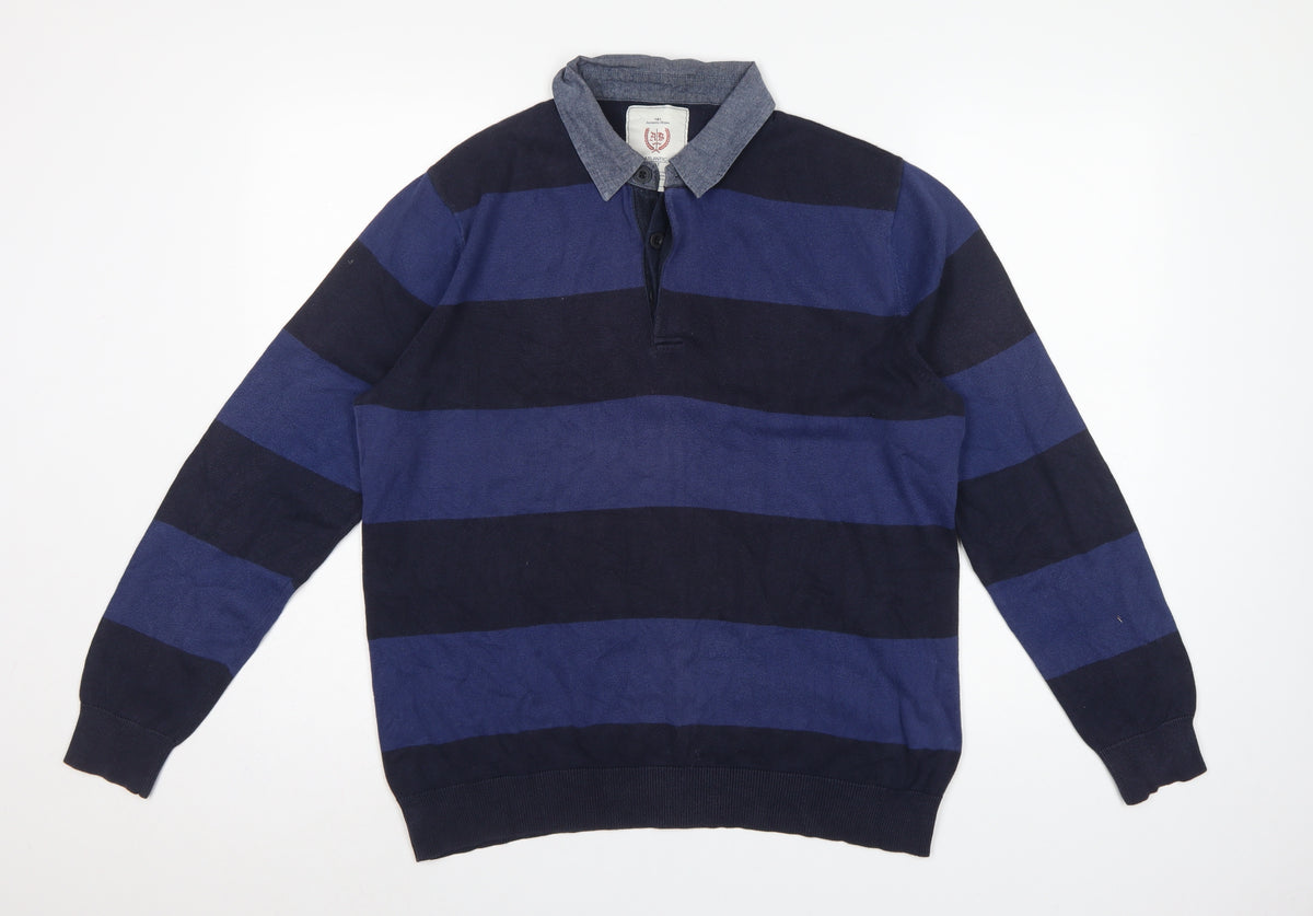 Atlantic Men’s Blue Striped L Collared Cotton Henley Jumper