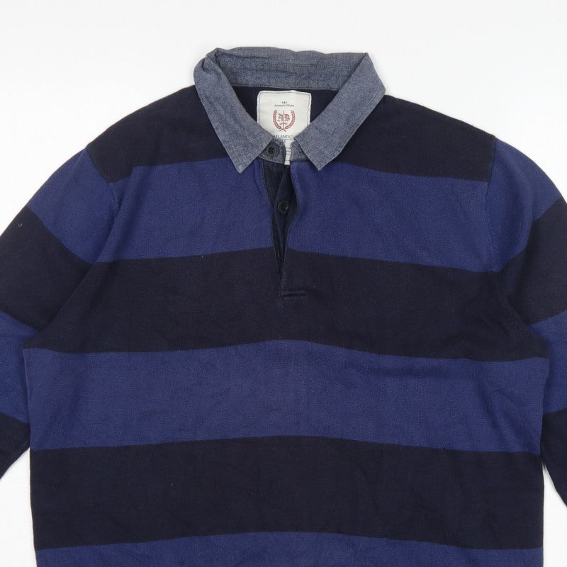 Atlantic Men’s Blue Striped L Collared Cotton Henley Jumper