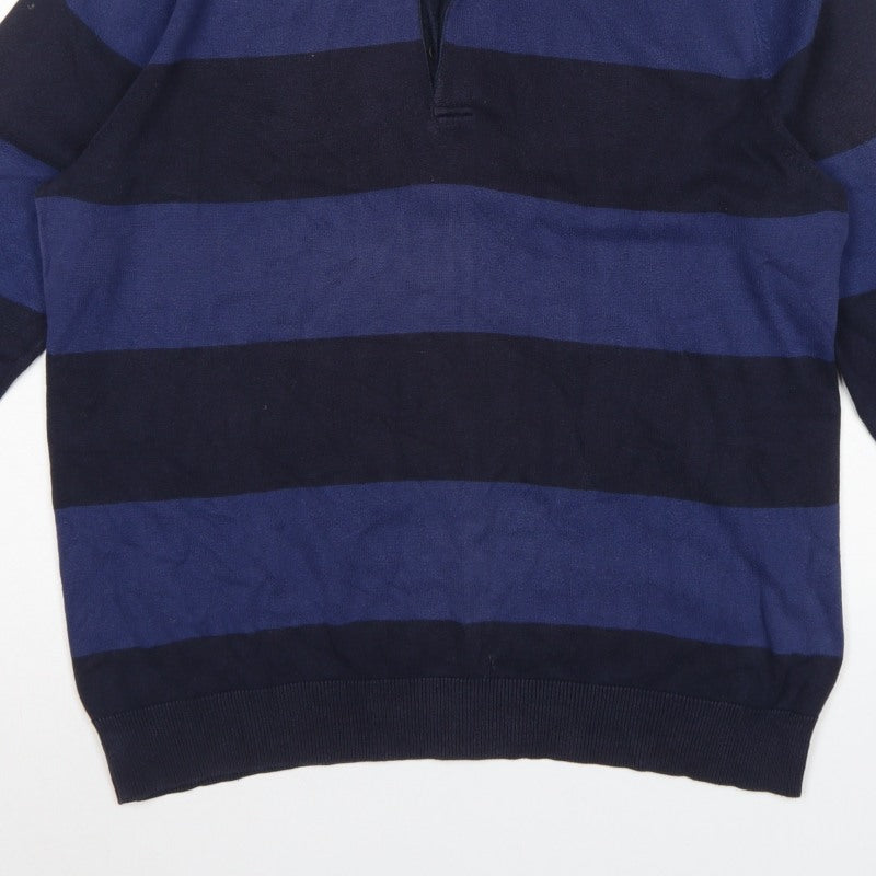 Atlantic Men’s Blue Striped L Collared Cotton Henley Jumper