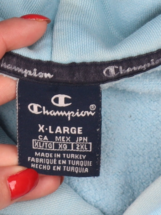 Champion Men Blue XL Pullover Hoodie Logo Fleece Kangaroo Pocket