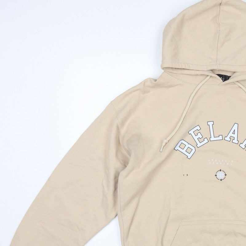 BoohooMAN Men's Beige S Pullover Hoodie Athletic Academy Graphic Pocket