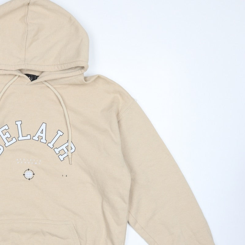 BoohooMAN Men's Beige S Pullover Hoodie Athletic Academy Graphic Pocket