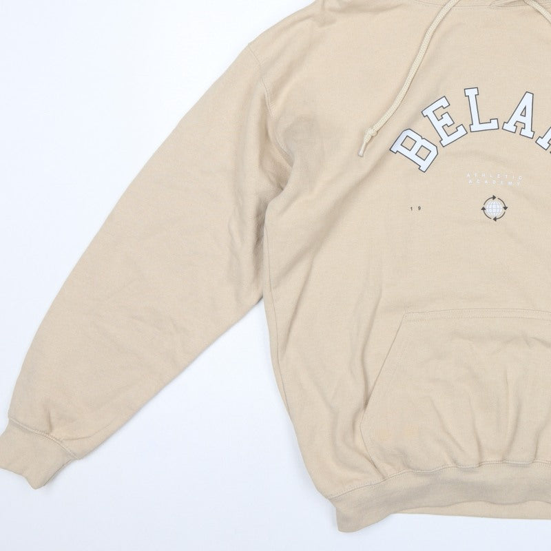 BoohooMAN Men's Beige S Pullover Hoodie Athletic Academy Graphic Pocket
