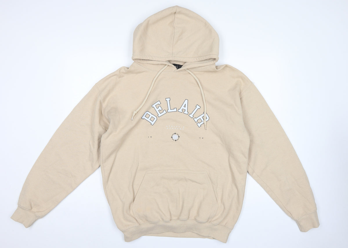 BoohooMAN Men's Beige S Pullover Hoodie Athletic Academy Graphic Pocket
