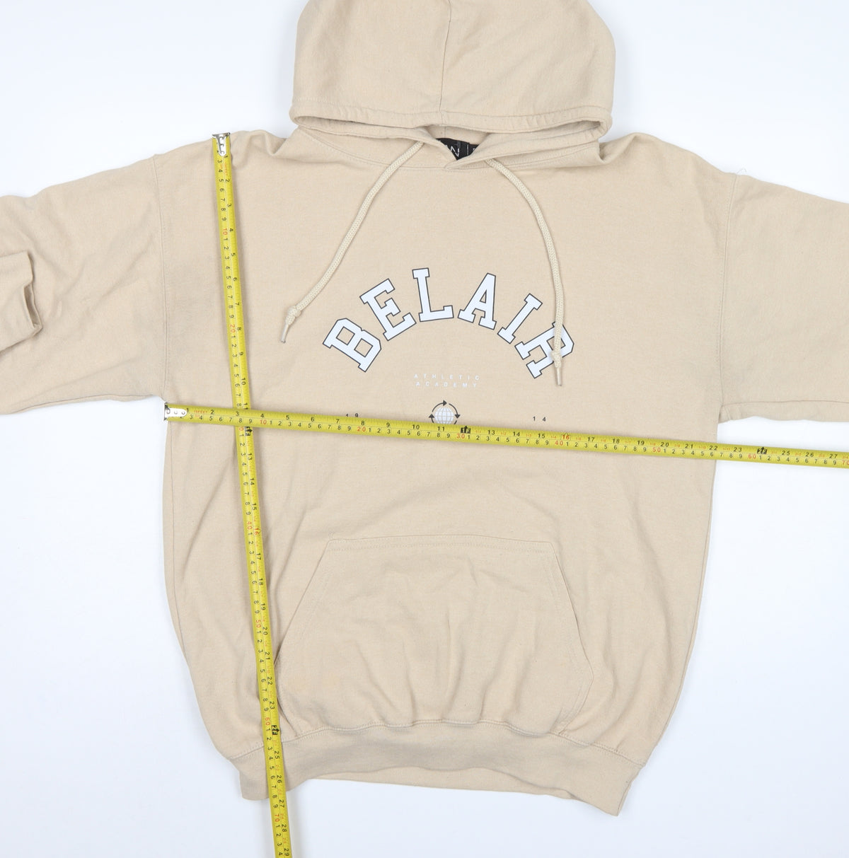 BoohooMAN Men's Beige S Pullover Hoodie Athletic Academy Graphic Pocket