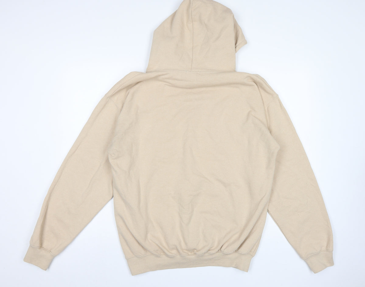 BoohooMAN Men's Beige S Pullover Hoodie Athletic Academy Graphic Pocket