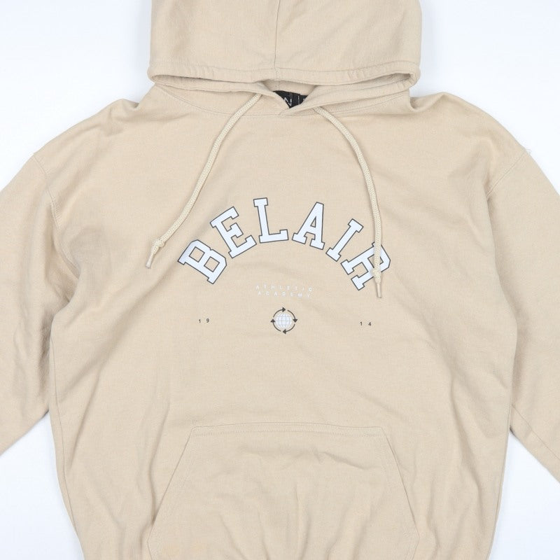 BoohooMAN Men's Beige S Pullover Hoodie Athletic Academy Graphic Pocket
