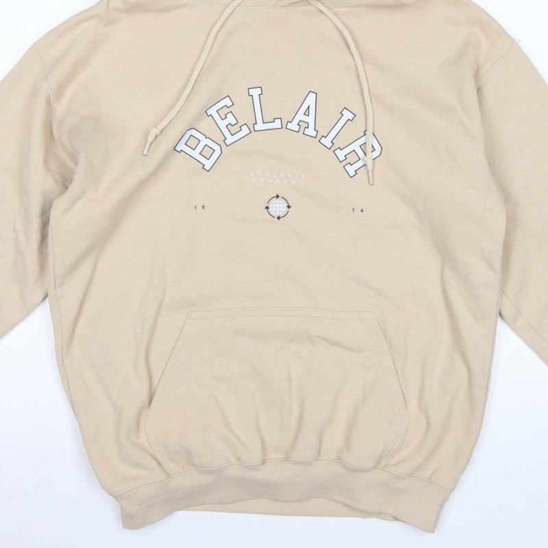 BoohooMAN Men's Beige S Pullover Hoodie Athletic Academy Graphic Pocket