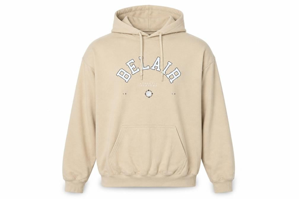 BoohooMAN Men's Beige S Pullover Hoodie Athletic Academy Graphic Pocket