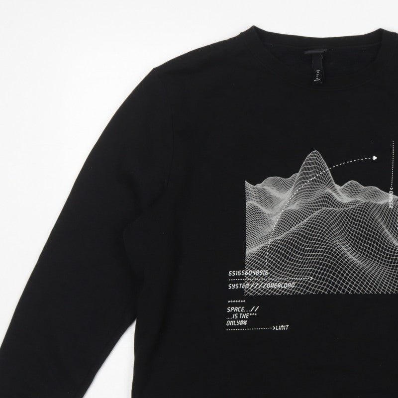 H&M Men Black XL Space Graphic Print Crew Neck Pullover Sweatshirt