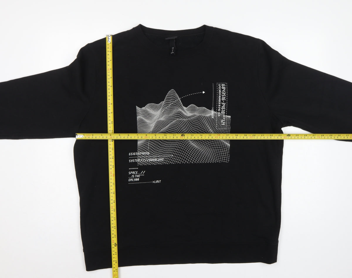 H&M Men Black XL Space Graphic Print Crew Neck Pullover Sweatshirt