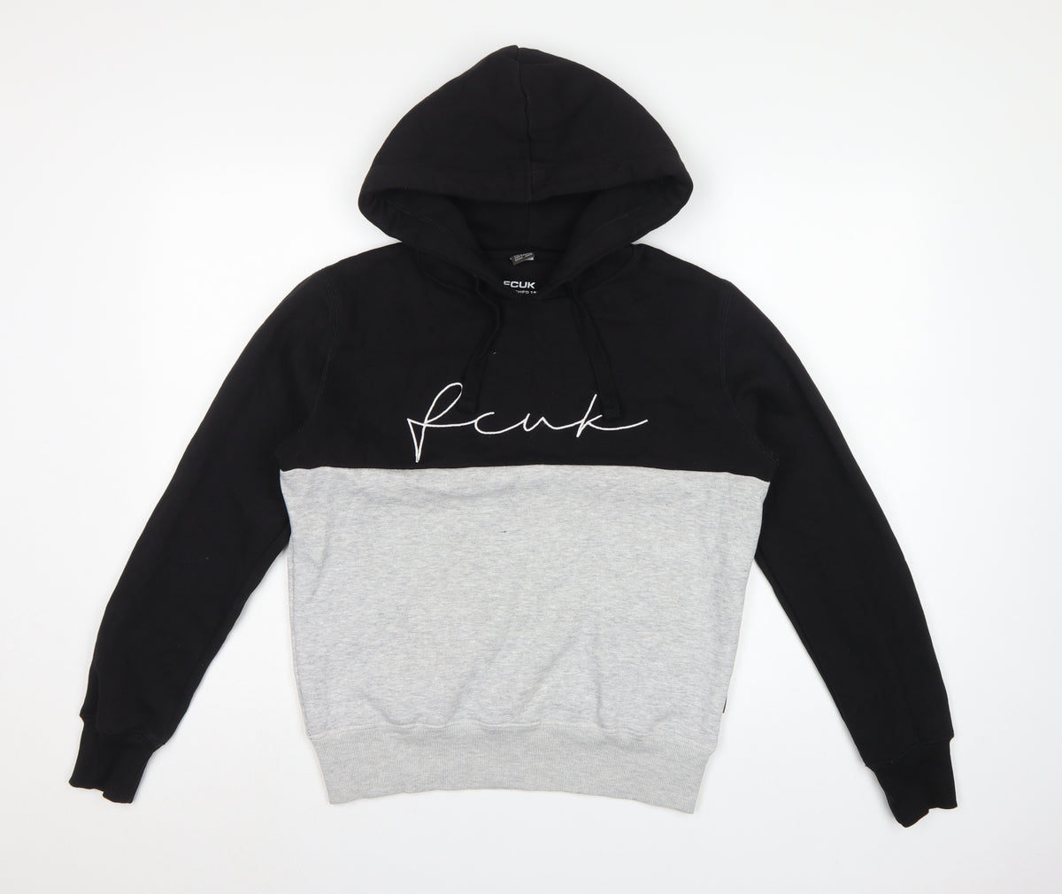 FCUK Men’s Black Grey S Pullover Hoodie Embroidered Logo