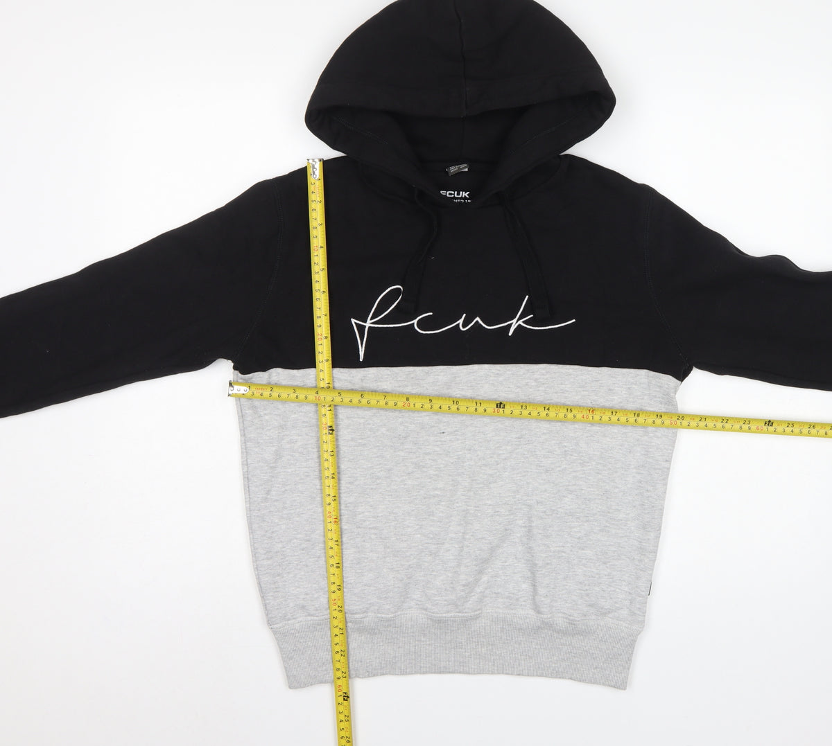 FCUK Men’s Black Grey S Pullover Hoodie Embroidered Logo