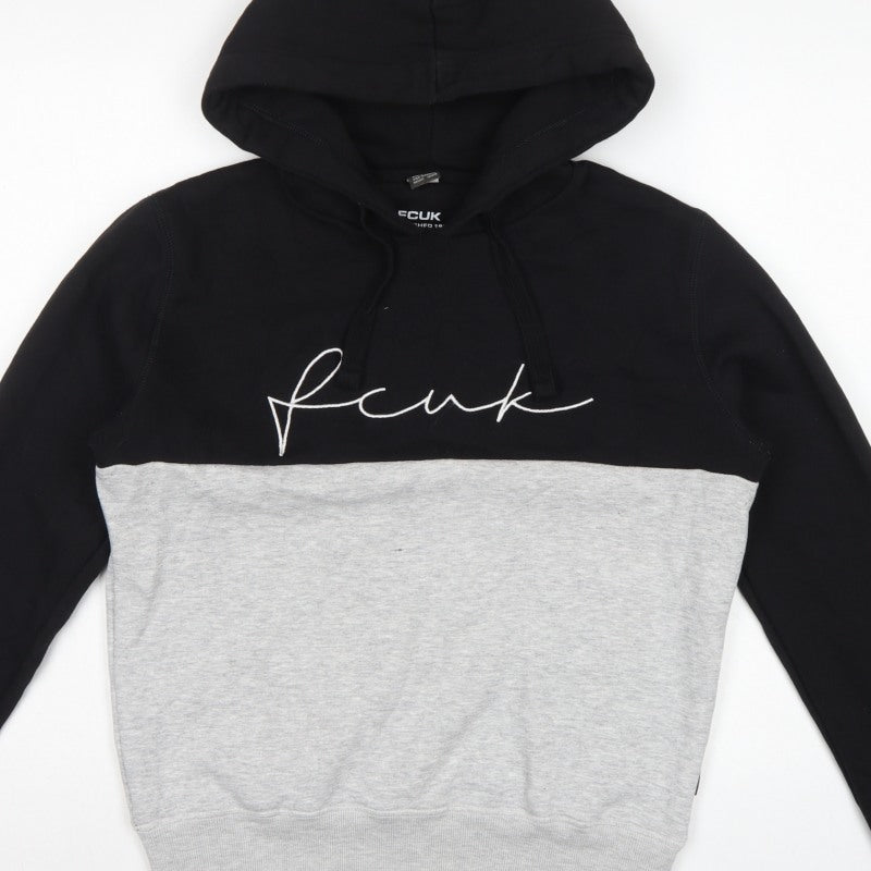 FCUK Men’s Black Grey S Pullover Hoodie Embroidered Logo