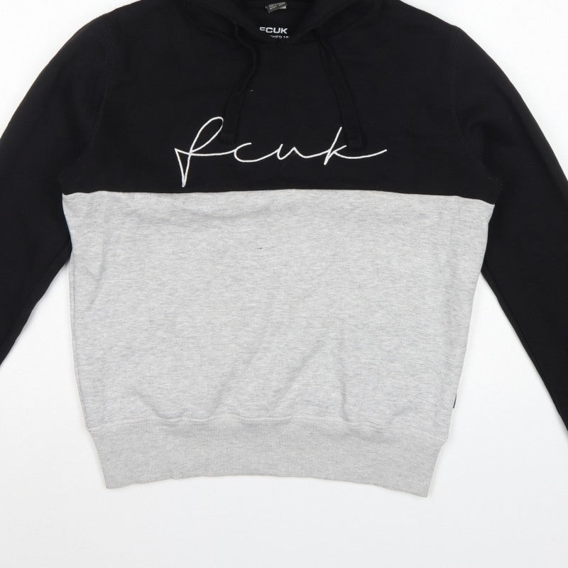 FCUK Men’s Black Grey S Pullover Hoodie Embroidered Logo