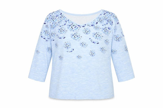 Bella di Notte Women’s Blue Floral Cotton V-Neck 3/4 Sleeve Top Size 12