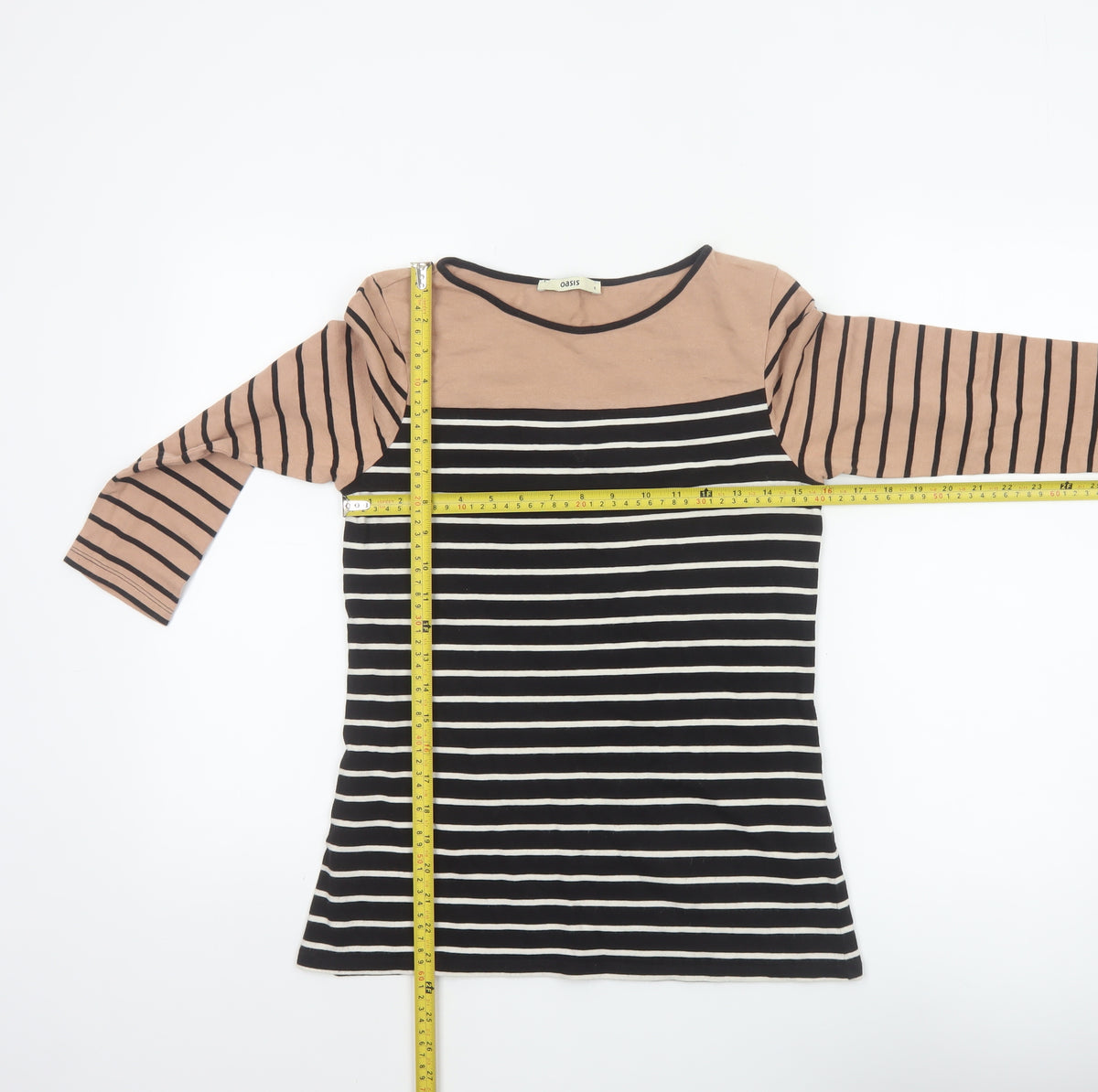 Oasis Women Black Stripe Basic 3/4 Sleeve Jersey T-Shirt Size S