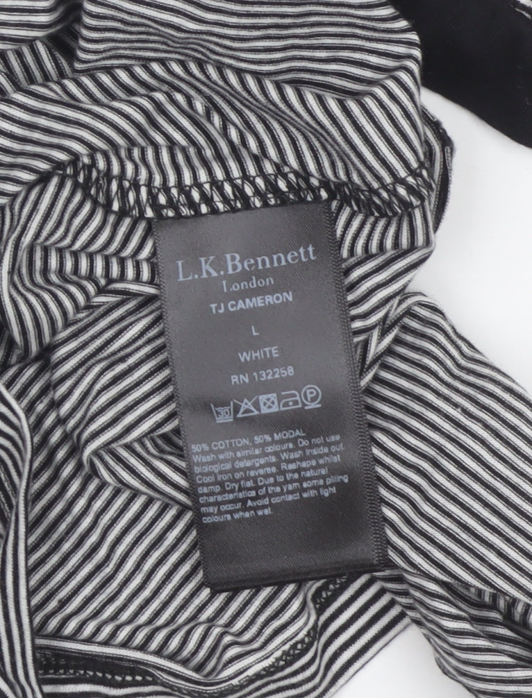 L.K. Bennett Women Black White L Basic Tie Neck Striped Long Sleeve Blouse
