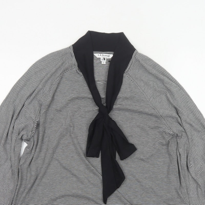 L.K. Bennett Women Black White L Basic Tie Neck Striped Long Sleeve Blouse