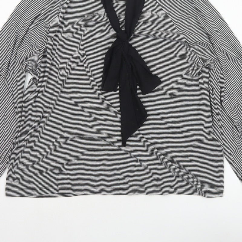 L.K. Bennett Women Black White L Basic Tie Neck Striped Long Sleeve Blouse