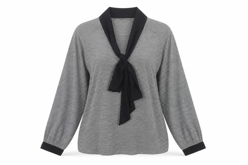 L.K. Bennett Women Black White L Basic Tie Neck Striped Long Sleeve Blouse