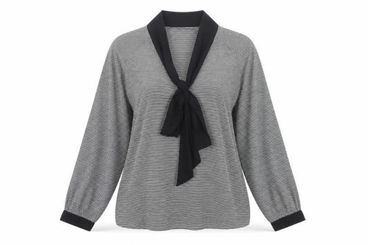 L.K. Bennett Women Black White L Basic Tie Neck Striped Long Sleeve Blouse