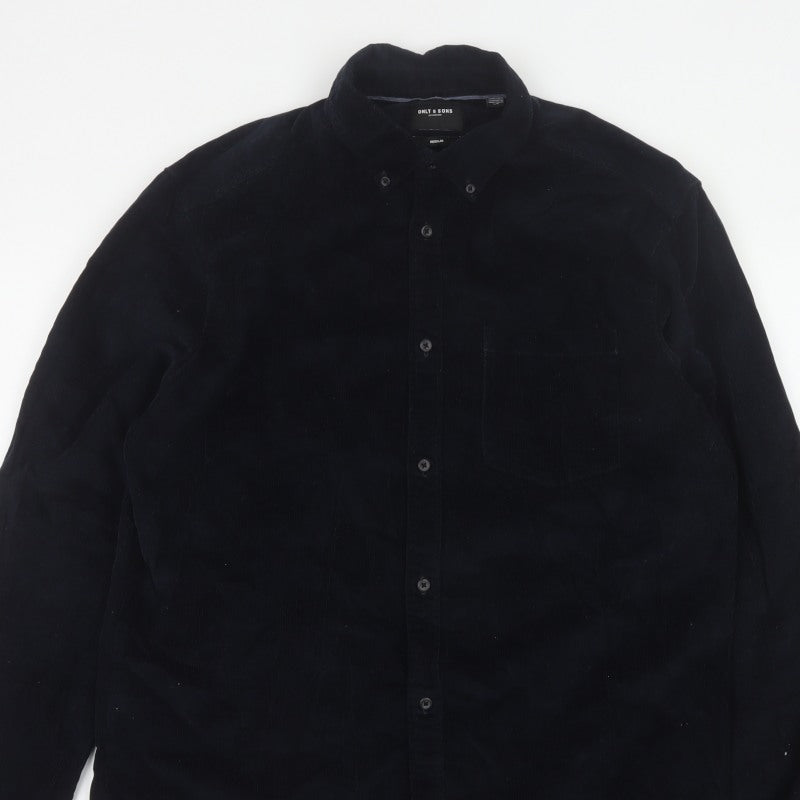 Only & Sons Men’s Black L Regular Corduroy Button-Down Long Sleeve Shirt