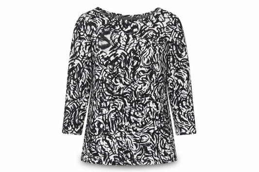 Tahari Women Black White L Tunic Blouse Abstract Print 3/4 Sleeve