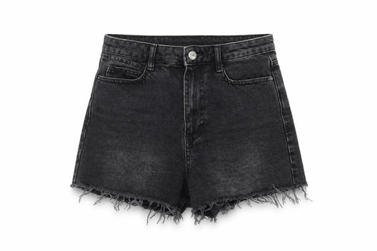 Zara Women Black High Rise Cut-Off Denim Shorts UK 8 Frayed Hem