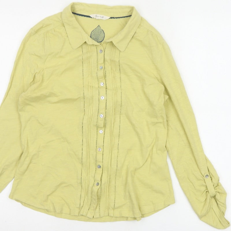 White Stuff Women Yellow UK 10 Pintuck Button-Up Collared Long Sleeve Blouse