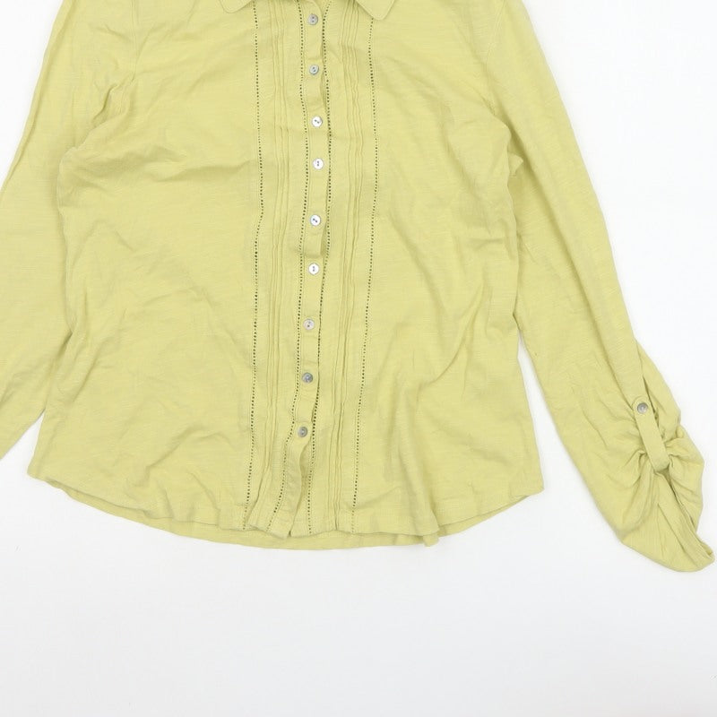 White Stuff Women Yellow UK 10 Pintuck Button-Up Collared Long Sleeve Blouse
