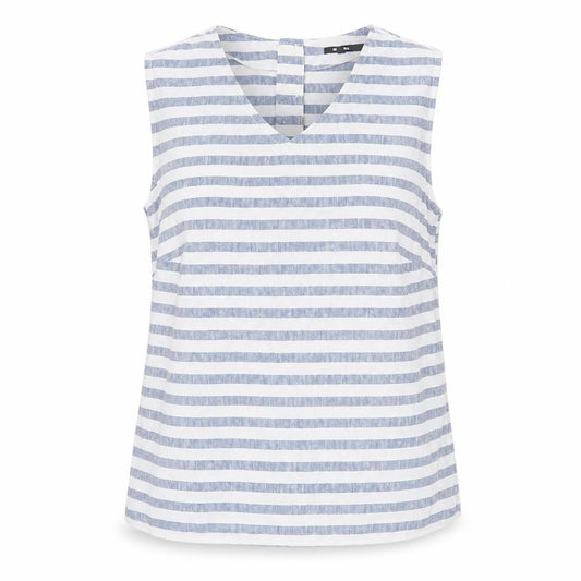 Rohan Women’s Blue White Striped Linen Blend Sleeveless V-Neck Blouse Size 12