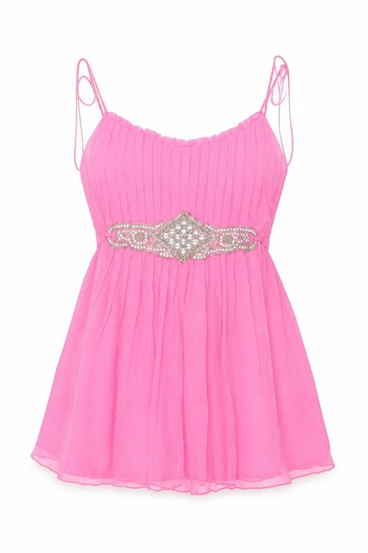 Dian Osborne Women Pink Silk Beaded Pleated Camisole Top UK 12