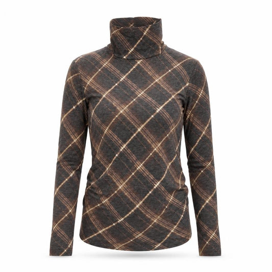 Marks & Spencer Women Brown Check Roll Neck Ruffle Stretch Top UK 12