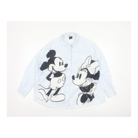 Bershka Women Blue Stripe Mickey Mouse XS Long Sleeve Button-Up Shirt