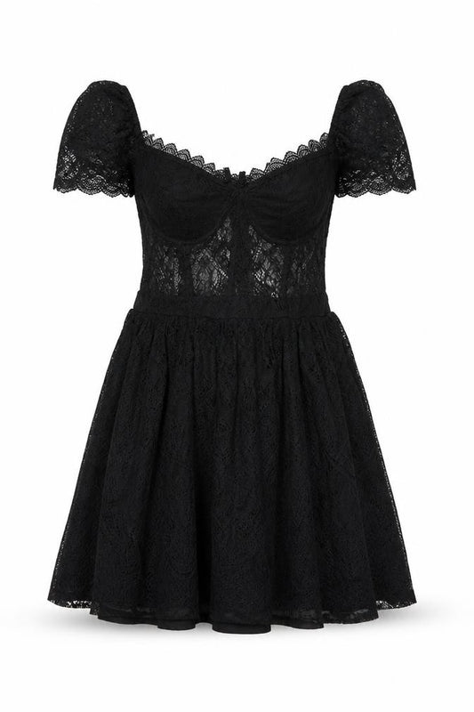 bebe Women's Black UK 14 Fit & Flare Lace Party Mini Dress
