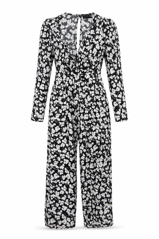 ASOS Design Women Black White Floral Wide Leg Jumpsuit UK 12