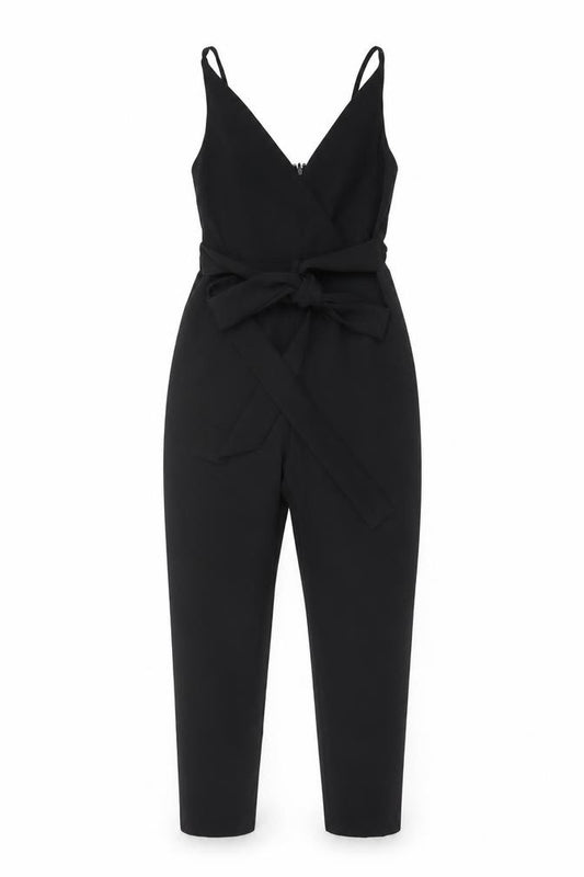 ASOS Women Black UK 8 Sleeveless Wide-Leg Belted V-Neck Jumpsuit