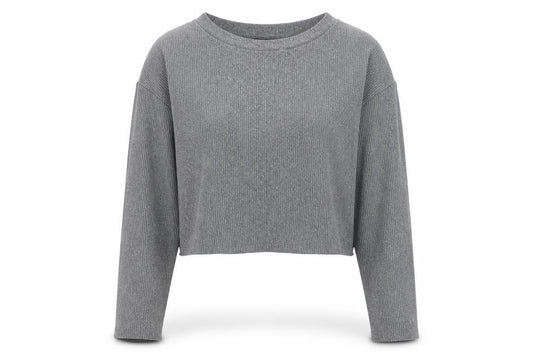 Zara Women Grey M Cropped Ribbed Knit Long Sleeve T-Shirt Top