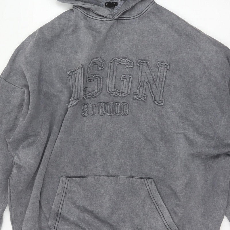 Boohoo Men’s Grey L Pullover Hoodie Oversized Embroidered Logo